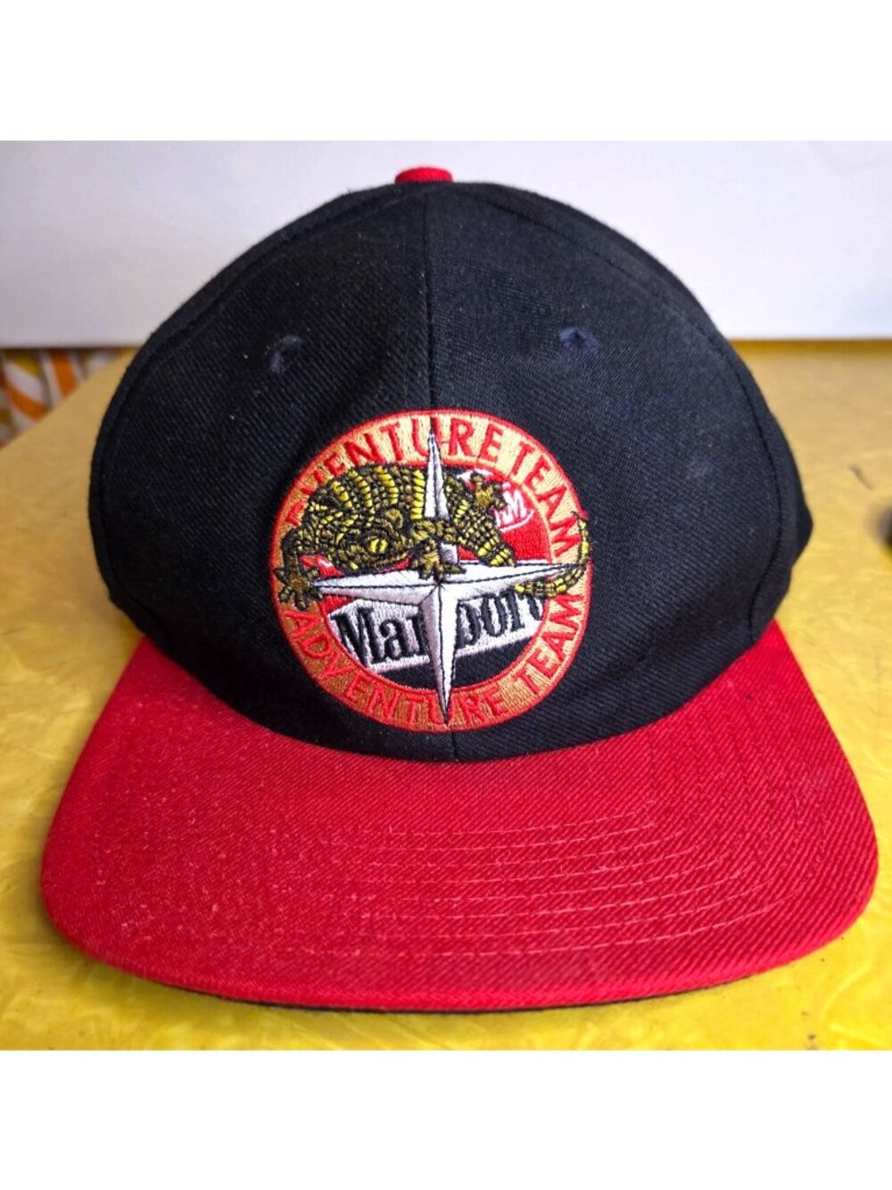 90s Marlboro Adventure Team Black Red Adjustable Cap Hat Embroidered Logo Strap